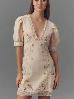 NWT Anthropologie Linen Blend Puff-Sleeve Mini Dress